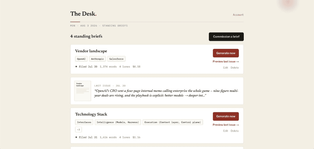 The Desk dashboard listing standing market briefs